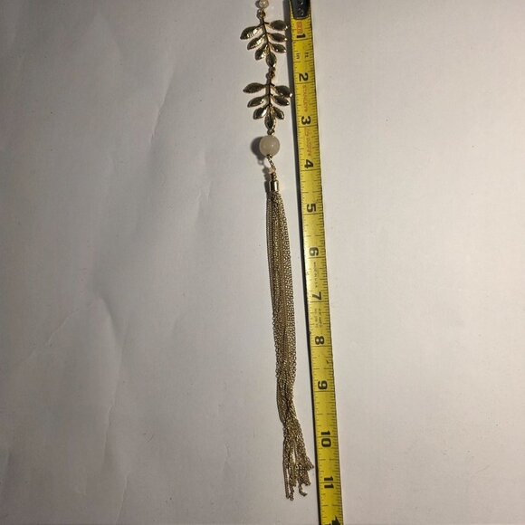 Gold tone Leaf Pendant Necklace Chain Tassel Bead Accent Lobster Clasp - Picture 7 of 7